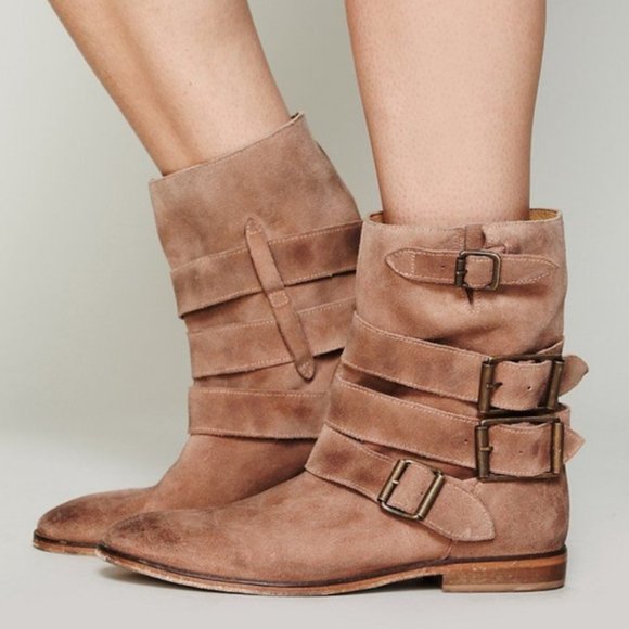 Free People Shoes - Free People Sunbelt Beige Suede Leather Low Heel Boho Ankle Boots Booties 7.5